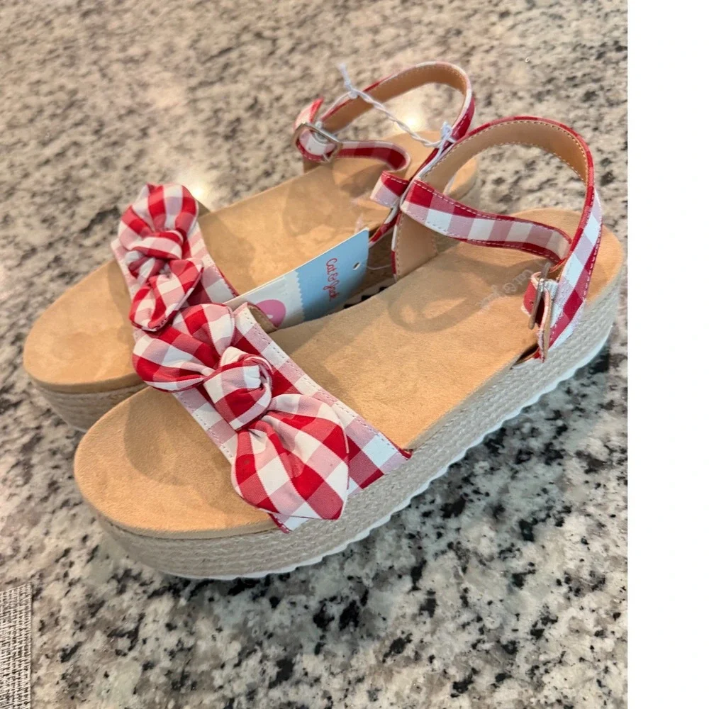 Cat & Jack Girls Red Gingham Espadrille Platform Sandals Bow Ankle Strap Size 4